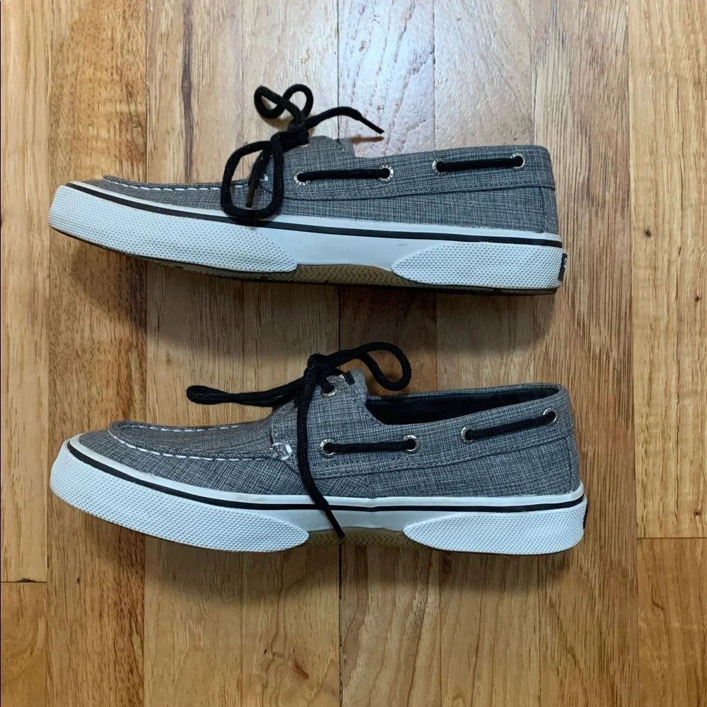 Sperry Gray Canvas Boat Shoes with Black Laces